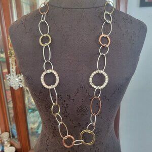 Long Multi-Tone Circle Link Necklace With Rhinestone Accents